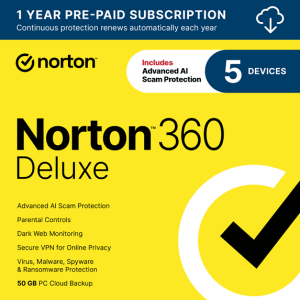 Norton 360 Deluxe, Antivirus Software, 5 Devices, 1 Year Subscription